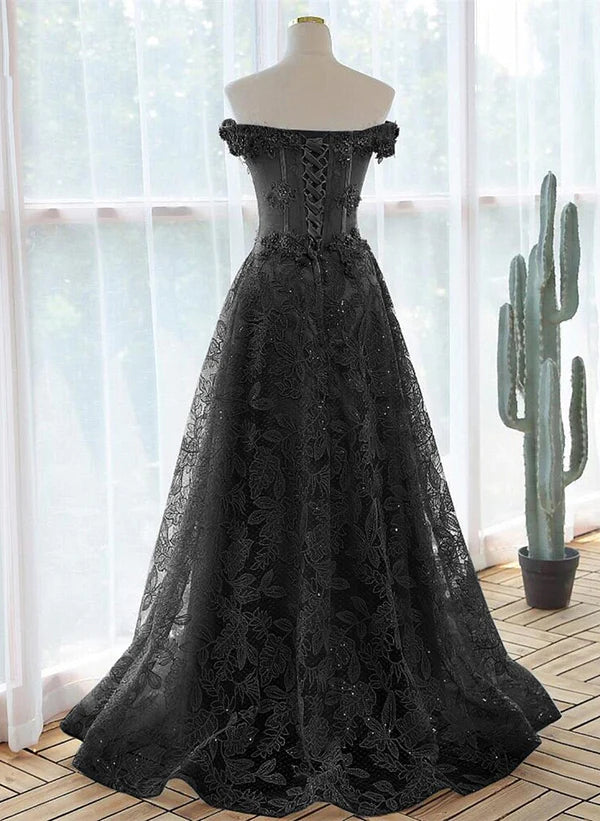 Black A-line Lace Off Shoulder Tulle with Lace Prom Dress